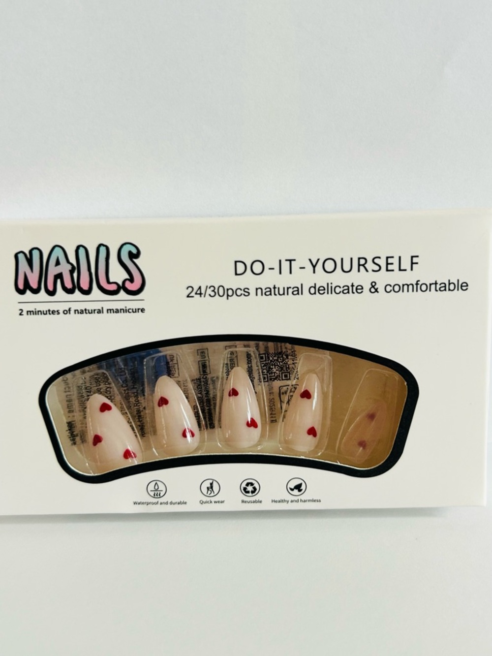Do-It-Yourself Natural Almond Press-On Nails with Red Hearts